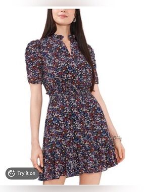 MSK Navy Floral Puff-Sleeve Mini Dress